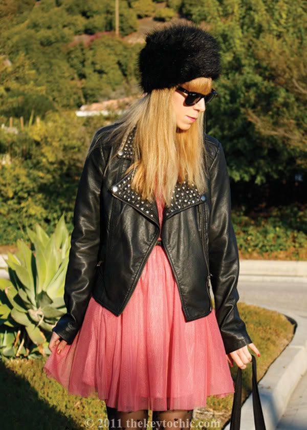 faux fur cossack, Forever 21 studded moto jacket, ballerina dress, Topshop rabbit tote bag, Los Angeles fashion blogger