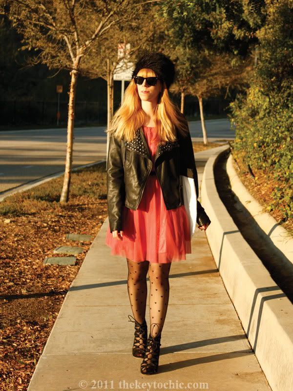 faux fur cossack, Forever 21 studded moto jacket, ballerina dress, Aldo wedges, Los Angeles fashion blogger