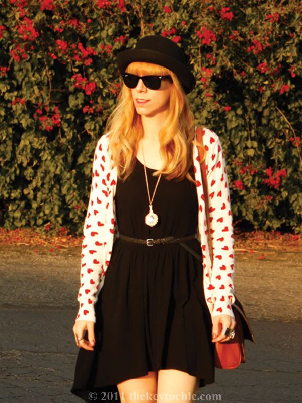 heart print cardigan, high-low dress, bowler hat, southern California fashion blogger, Los Angeles fashion blog