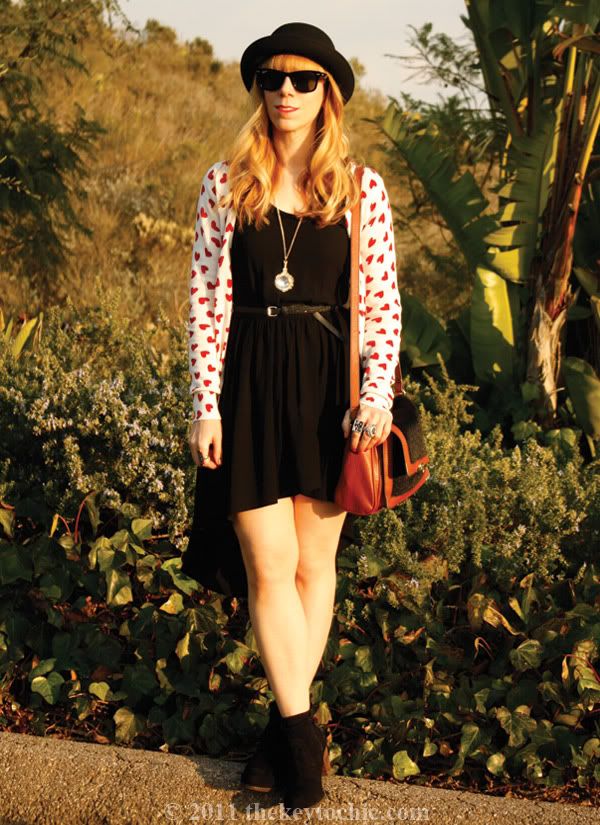 heart print cardigan, high-low dress, bowler hat, Dolce Vita Jamison boots, southern California fashion blogger, Los Angeles fashion blog