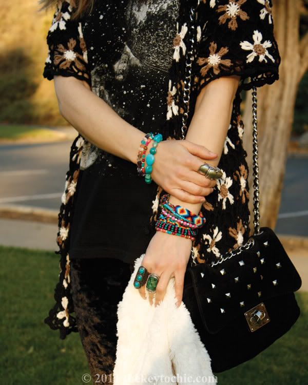 crochet cardigan, velvet bell bottoms, Bakers studded handbag, friendship bracelets, southern California fashion blogger, Los Angeles fashion blog