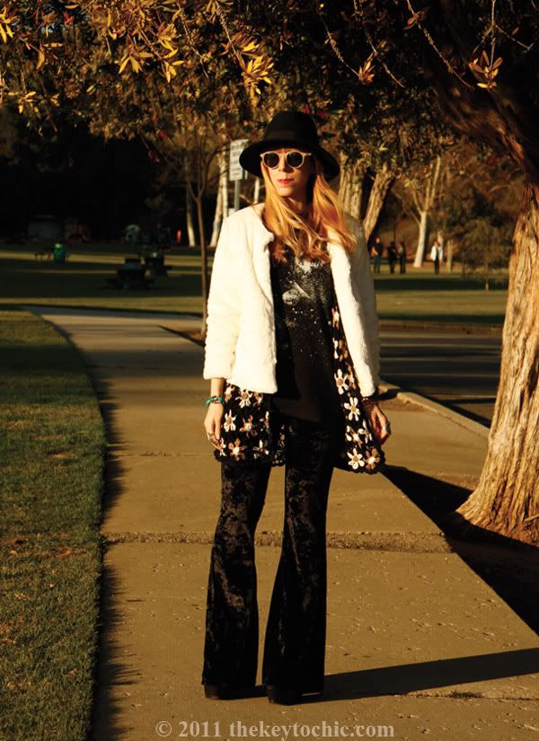 crochet cardigan, velvet bell bottoms, white faux fur jacket, southern California fashion blogger, Los Angeles fashion blog
