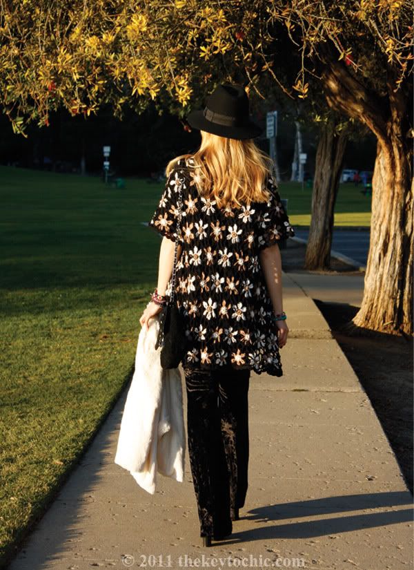 crochet cardigan, velvet bell bottoms, white faux fur jacket, southern California fashion blogger, Los Angeles fashion blog