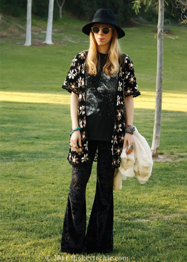 crochet cardigan, velvet bell bottoms, southern California fashion blogger, Los Angeles fashion blog