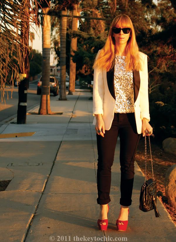 Forever 21 tuxedo blazer, Jennifer Lopez sequin top, Cheap Monday jeans, Los Angeles fashion blog, southern california fashion blogger