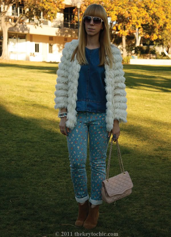 Nasty Gal Sonia shag jacket, Forever 21 floral skinny jeans, Aldo Qualheim boots, southern California fashion blog, Los Angeles fashion blogger