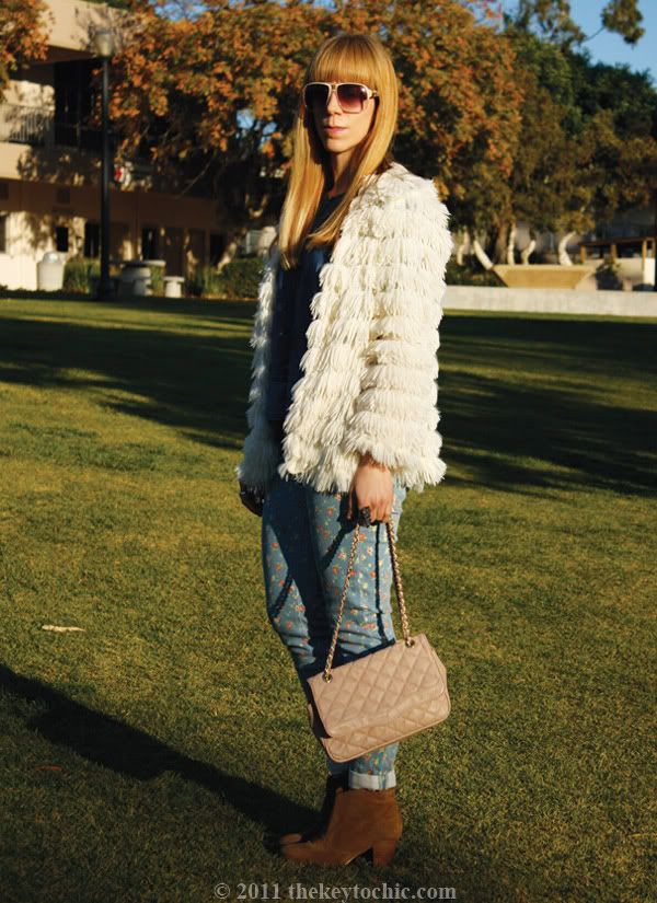 Nasty Gal Sonia shag jacket, Forever 21 floral skinny jeans, Aldo Qualheim boots, southern California fashion blog, Los Angeles fashion blogger