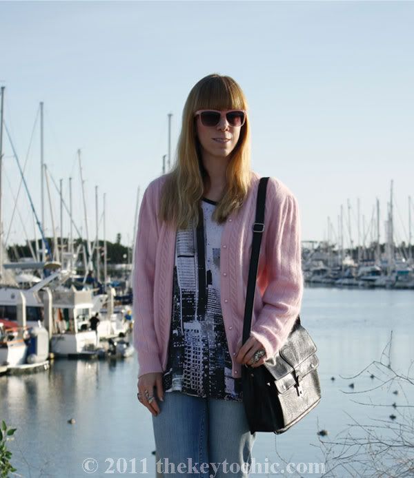 Asos city print top, vintage pink cardigan, Nordstrom sathcel, California fashion blog