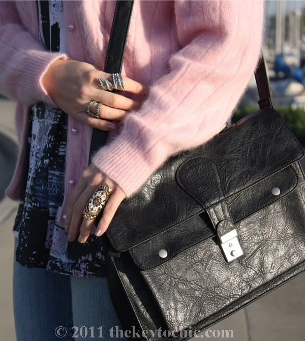 vintage pink cardigan, Forever 21 knuckle rings, black satchel