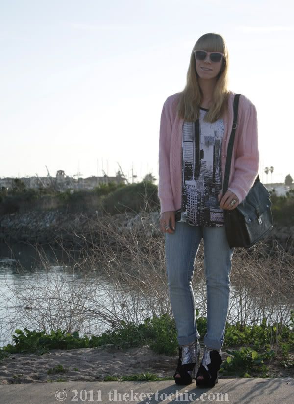 vintage pink cardigan, Cheap Monday jeans, velvet glitter boots, California fashion blog