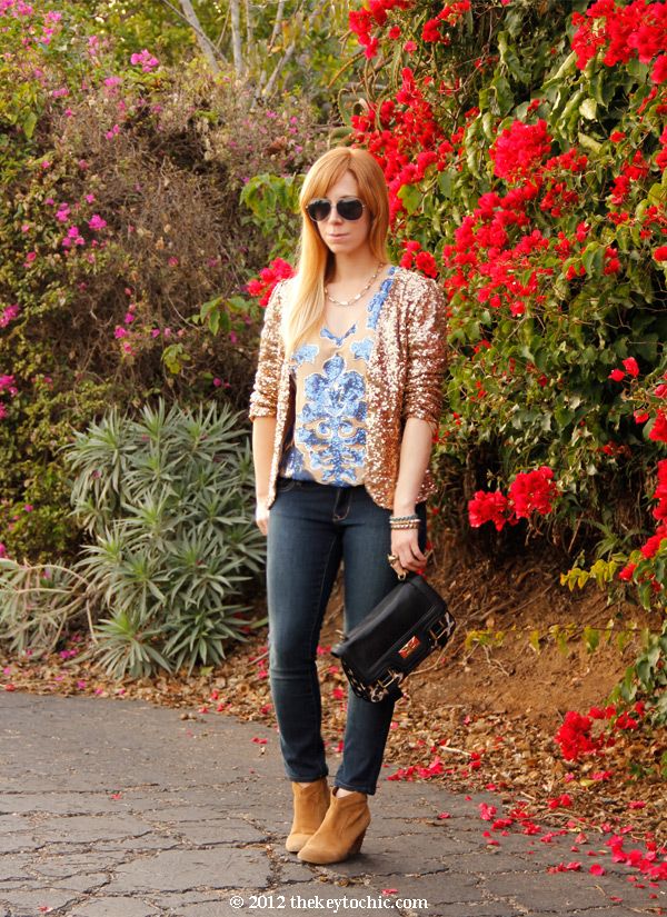 Target Neiman Marcus Tracy Reese sequin top, Old Navy skinny jeans, Aldo Qualheim boots, L.A. fashion blogger