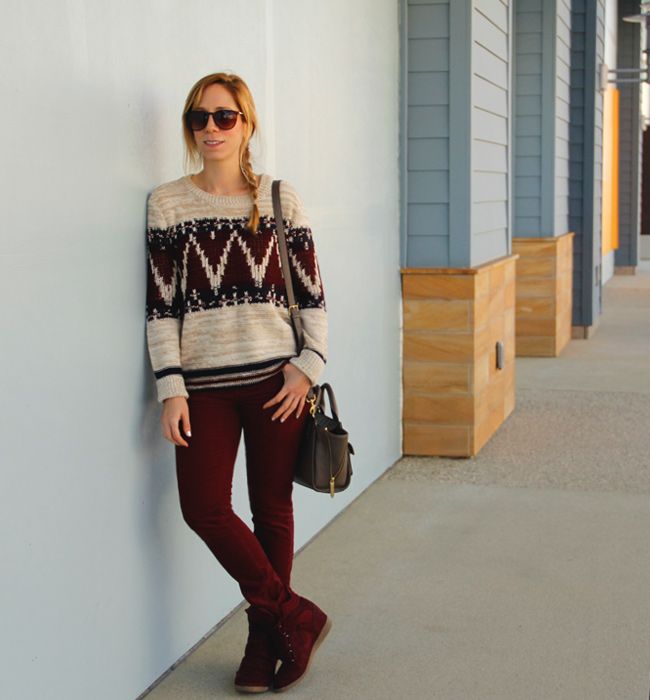 LA fashion blogger The Key To Chic wears a Forever 21 festive folk sweater with corduroy jeans, a Phillip Lim for Target taupe mini satchel, and Xhilaration Kahsha wedge sneakers.