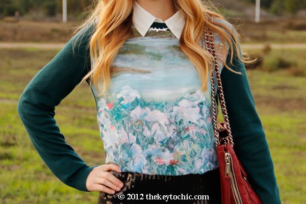 H&M landscape sweater, Target Xhilaration sequin skirt, Rebecca Minkoff Swing bag, Los Angeles fashion blog