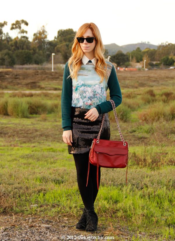 H&M landscape sweater, Target Xhilaration sequin skirt, Rebecca Minkoff Swing bag, Aldo Maune wedges, Los Angeles fashion blog