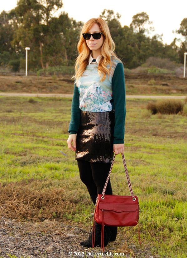 H&M landscape sweater, Target Xhilaration sequin skirt, Rebecca Minkoff Swing bag, Aldo Maune wedges, Los Angeles fashion blog