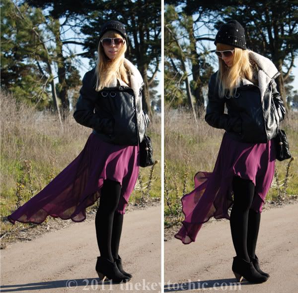 Zara studded beanie, H&M aviator jacket, high low skirt, Mossimo Kacey boots, Los Angeles fashion blogger