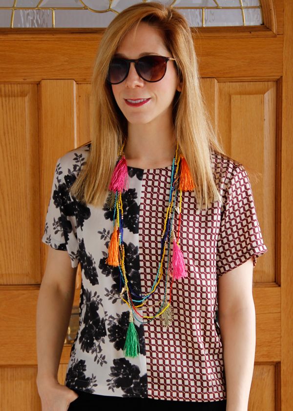 Duro Olowu for JCPenney tassel necklace, fashion blogger Fashion Trend Guide wears a Topshop mixed print blouse with a tassel necklace