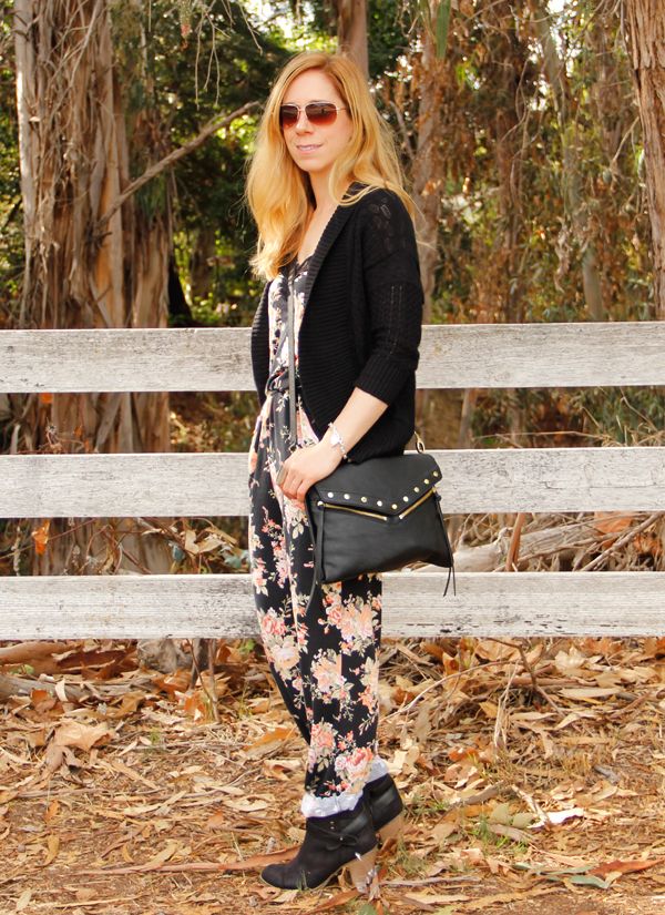 Sears Style floral jumpsuit with Bongo cardigan and Seventeen western ankle boots, #SearsStyleFind