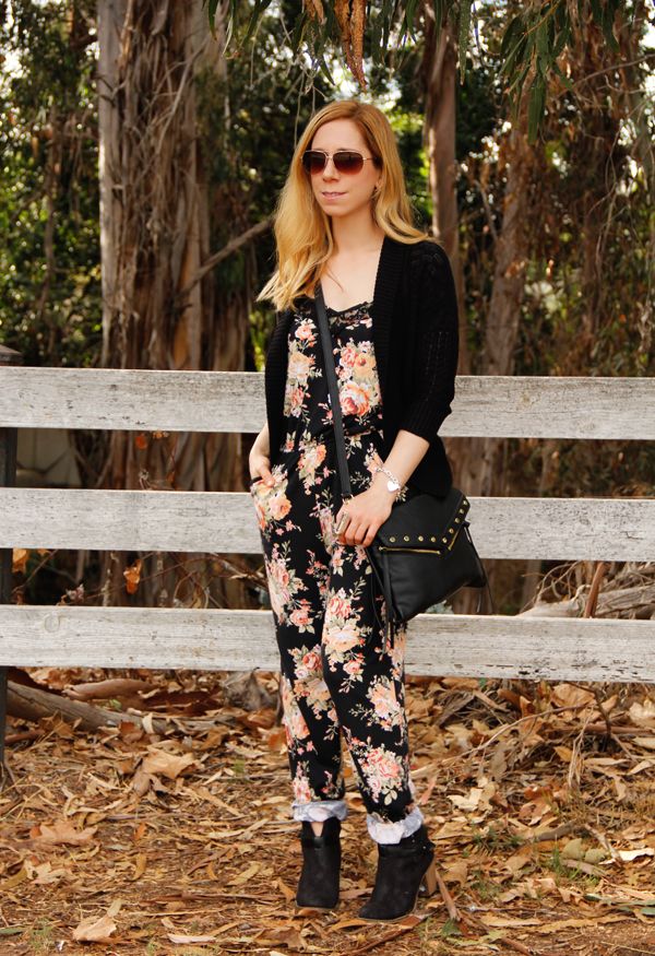 Sears Style floral jumpsuit with Bongo cardigan and Seventeen western ankle boots
