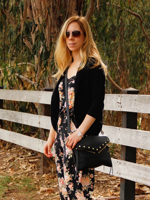 Sears Style floral jumpsuit with Bongo cardigan