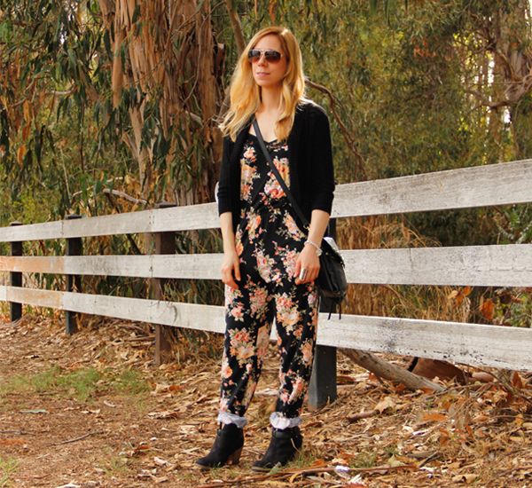 Sears Style floral jumpsuit with Bongo cardigan and Seventeen western ankle boots