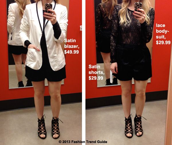 Kate Young for Target cream satin blazer, satin shorts, and lace bodysuit