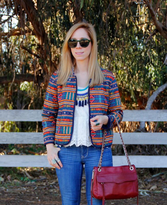 LA fashion blogger The Key To Chic wears a tassel necklace, quilted Forever 21 jacket, lace top, Old Navy Rock star skinny jeans, Rebecca Minoff Swing bag, and Warby Parker Quimby Sunglasses