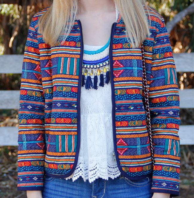 Forever 21 eclectic print quilted jacket, Stradivarius tassel necklace