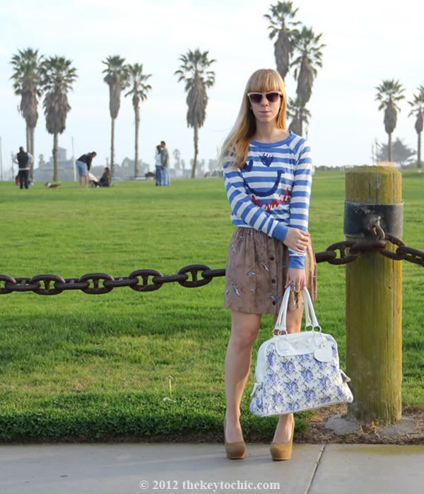 striped top, bird print skirt, flare heel platform pumps, print mixing trend, floral handbag, California personal style blog