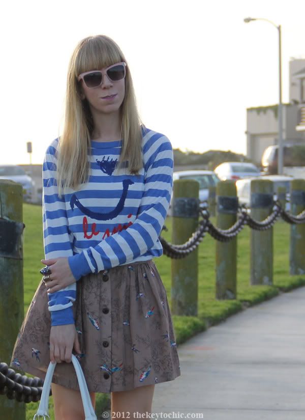 striped top, bird print skirt, floral handbag, California personal style blog