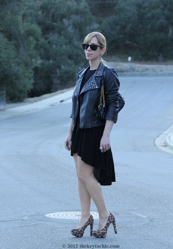 studded biker jacket, high low skirt, leopard print pumps, southern California fashion blog, Los Angeles street style