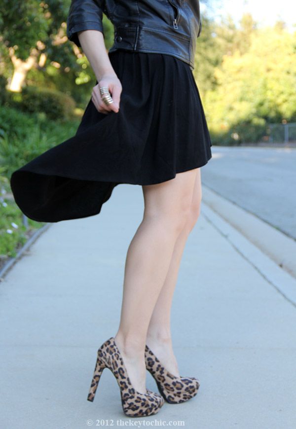 studded biker jacket, high low skirt, Mossimo Paisley leopard print pumps, southern California fashion blog, Los Angeles street style