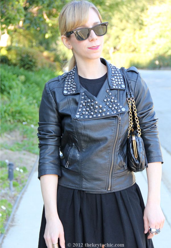 studded biker jacket, high low skirt, Mossimo Paisley leopard print pumps, southern California fashion blog, Los Angeles street style