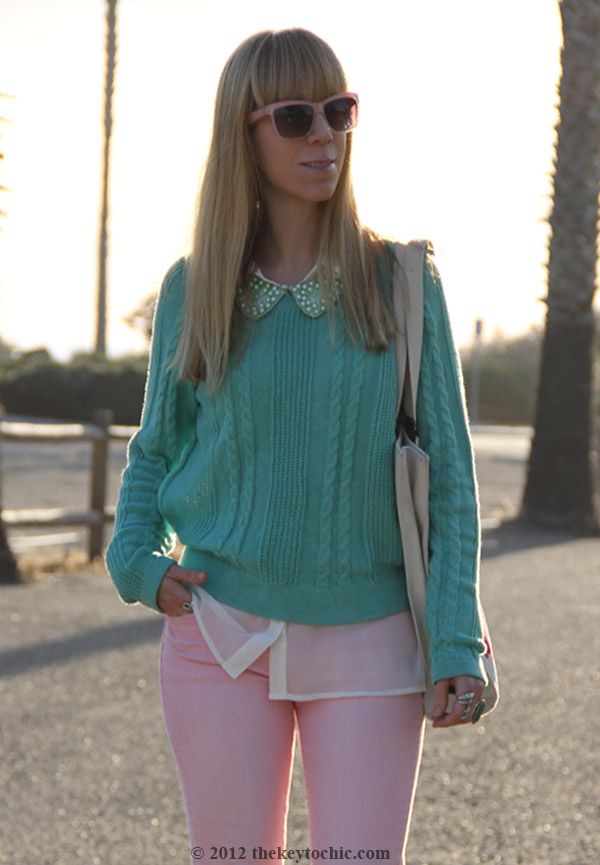 Jason Wu for Target cat tote bag, Uniqlo pink jeans, H&M pearl collar, mint green sweater, pastel spring 2012 trend, Los Angeles street fashion