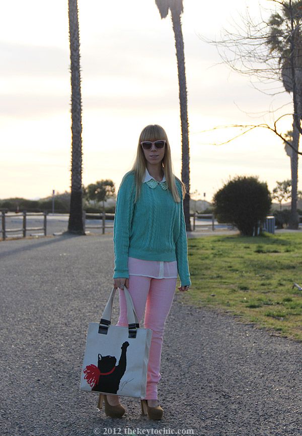 Jason Wu for Target cat tote bag, Uniqlo pink jeans, H&M pearl collar, mint green sweater, pastel spring 2012 trend, Los Angeles street fashion