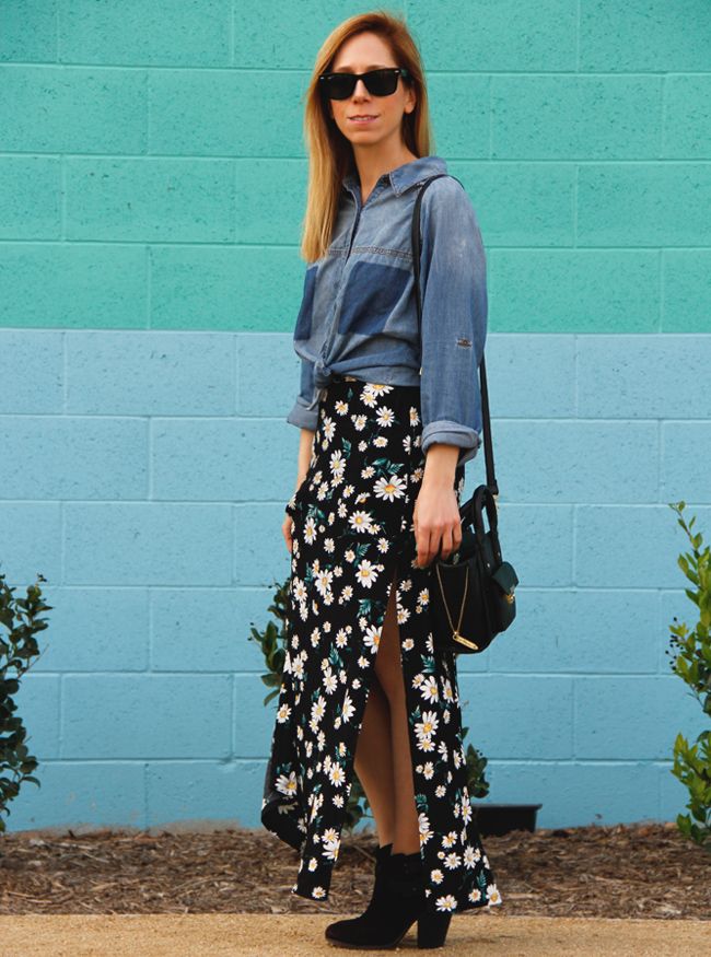 LA fashion blogger The Key To Chic wears an Xhilaration shadow pocket chambray shirt, Forever 21 flower child M-slit maxi skirt, and Rag & Bone Harrow boots