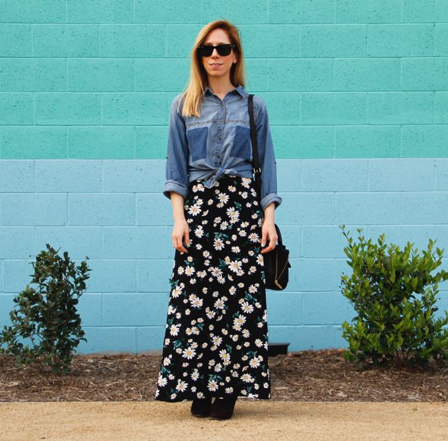 LA fashion blogger The Key To Chic wears an Xhilaration shadow pocket chambray shirt, Forever 21 flower child M-slit maxi skirt, and Rag & Bone Harrow boots