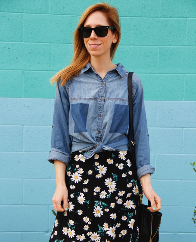 LA fashion blogger The Key To Chic wears an Xhilaration shadow pocket chambray shirt, Forever 21 flower child M-slit maxi skirt, and Rag & Bone Harrow boots
