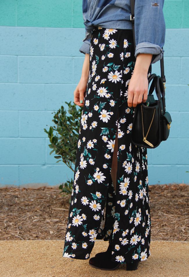 LA fashion blogger The Key To Chic wears an Xhilaration shadow pocket chambray shirt, Forever 21 flower child M-slit maxi skirt, and Rag & Bone Harrow boots
