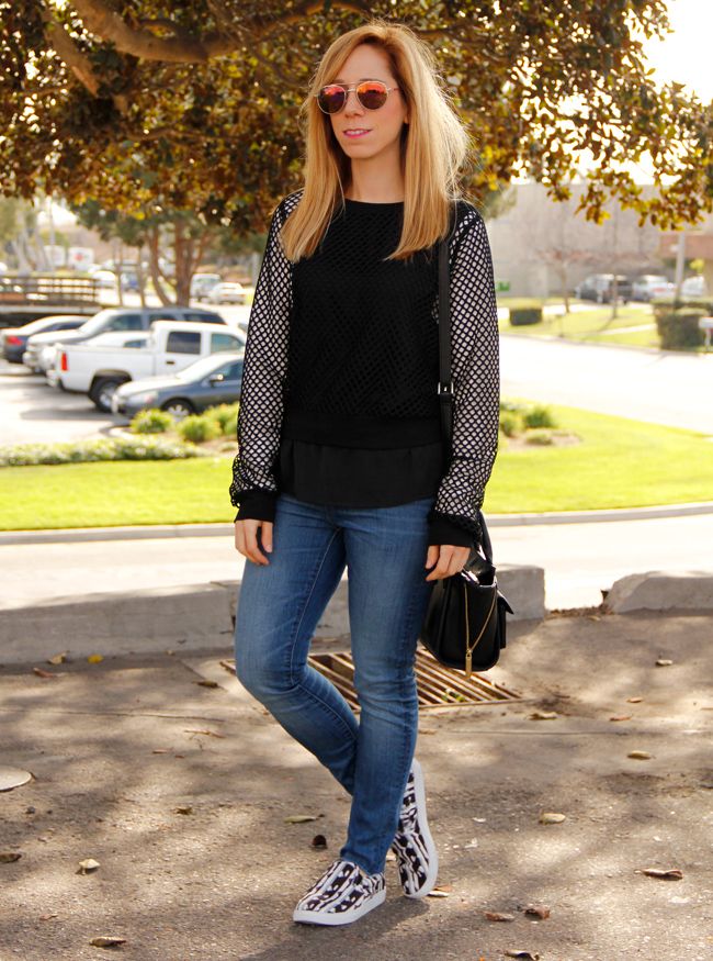 Los Angeles fashion blogger The Key To Chic wears the sports luxe trend with a Target mesh top, Zara skinny jeans, and Peter Pilotto for Target geometric print sneakers.
