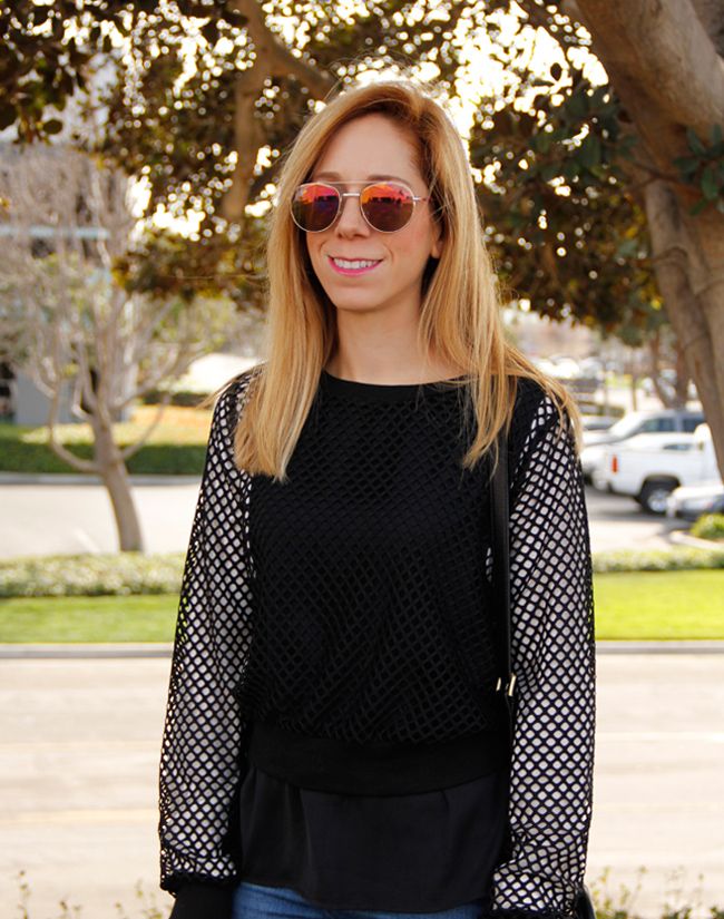 Los Angeles fashion blogger The Key To Chic wears the sports luxe trend with a Target mesh top, Zara skinny jeans, and Peter Pilotto for Target geometric print sneakers.