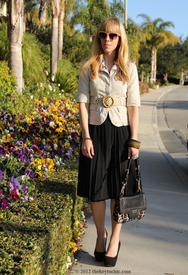 vintage pleated skirt, tropical print blouse, Lux safari jacket, LYLIF bangles, Los Angeles fashion blog, California fashion blogger