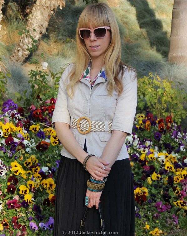 vintage pleated skirt, tropical print blouse, Lux safari jacket, LYLIF bangles, Los Angeles fashion blog, California fashion blogger