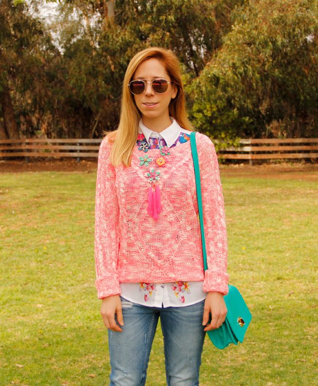 LA fashion blogger The Key To Chic wears a Shop Grayson marled cable kit sweater, Topshop layered flower tassel necklace, and distressed Zara jeans