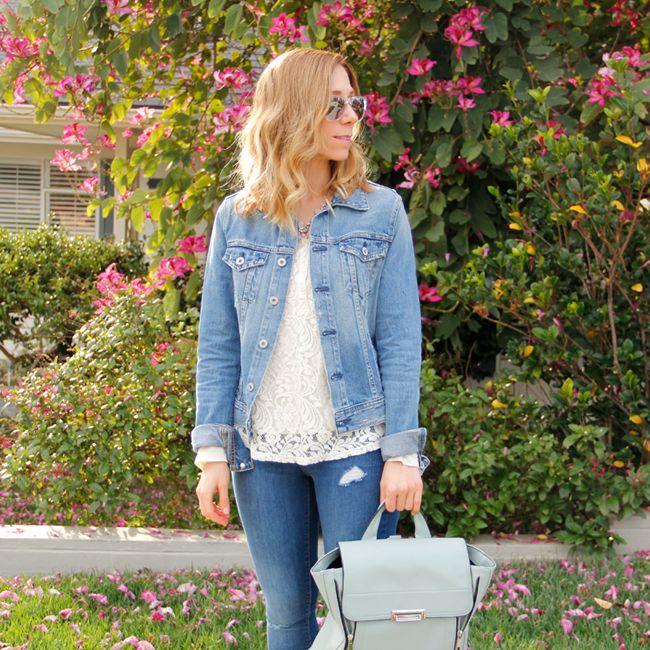 L.A. fashion blogger The Key To Chic wears an AG Jeans 'Robyn' denim jacket, Old Navy Rockstar denim, and a pastel green Phillip Lim inspired Mossimo backpack