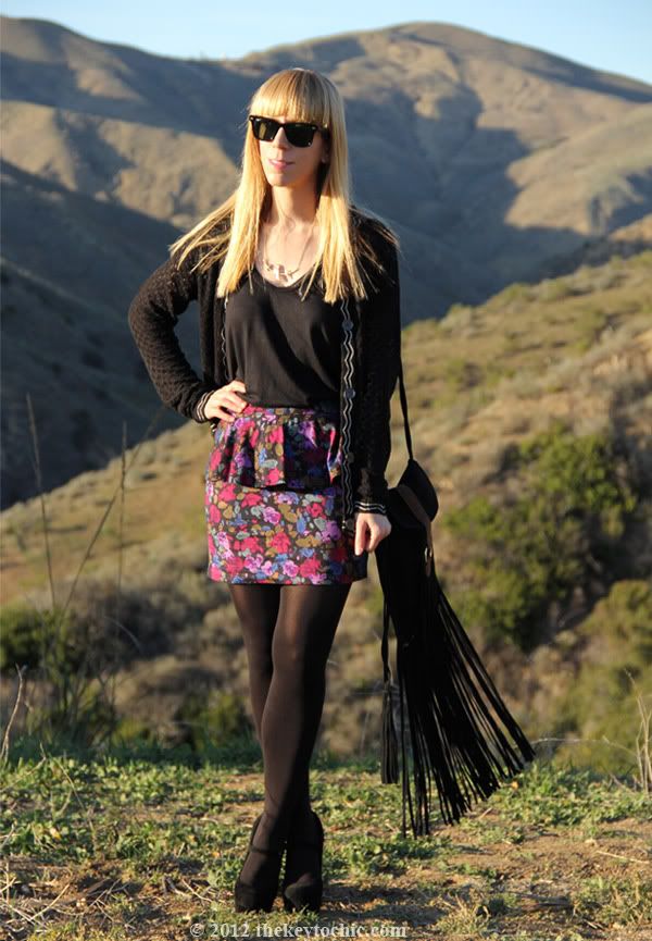 black Missoni for Target cardigan, floral peplum skirt, platform Mary Janes, fringe handbag, Los Angeles fashion blog, southern California style