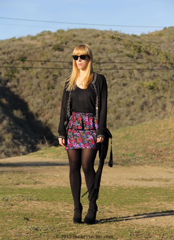 black Missoni for Target cardigan, floral peplum skirt, platform Mary Janes, fringe handbag, Los Angeles fashion blog, southern California style