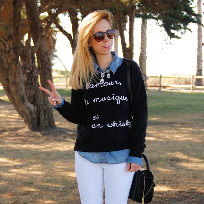 Los Angeles fashion blogger The Key To Chic wears a BoBo House whisky graphic sweater, white Gap jeans, and Phillip Lim for Target mini satchel