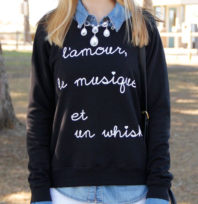 BoBo House The Whisky graphic print sweater with chandelier crystal rhinestone necklace