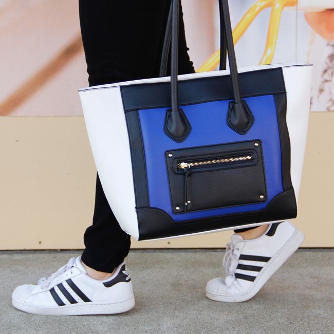 J Brand skinny jeans in black, Mossimo at Target Celine inspired colorblock tote handbag, Adidas superstar 2 sneakers, Celine handbag look for less
